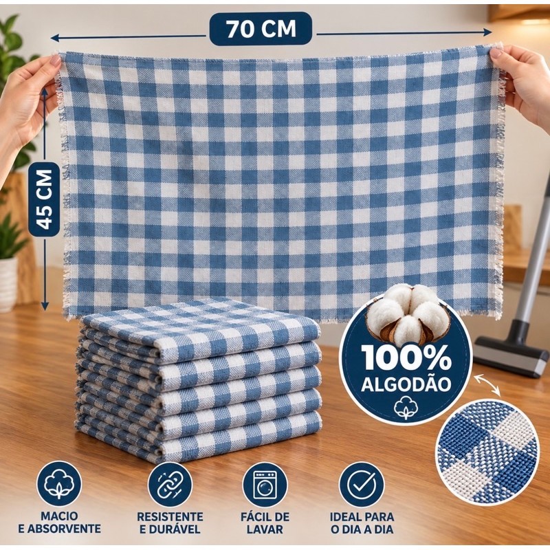 10 Panos de chão xadrez Extra Grande pano de limpeza 70x45 Tecido Duplo