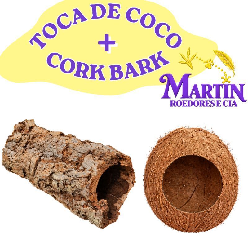 Kit Cork Bark + toca de coco, natural, terrário, hamster, Gerbil, repteis