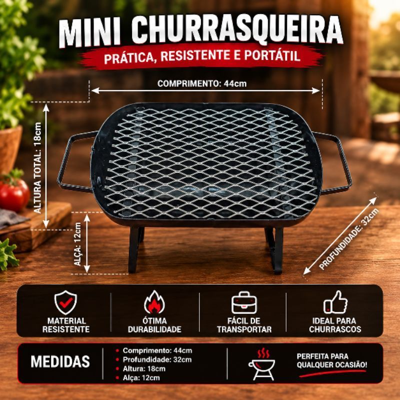 MIni churrasqueira de aço portátil, com nova grelha  de inox.