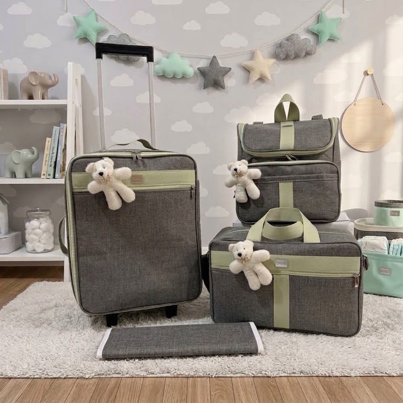 kit bolsa maternidade mala rodinha mochila 2 em 1 cinza faixa verde claro2