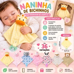 Naninha Bordada para Bebê Paninho Macio 100% Algodão Bichinhos 36 variações Prendedor