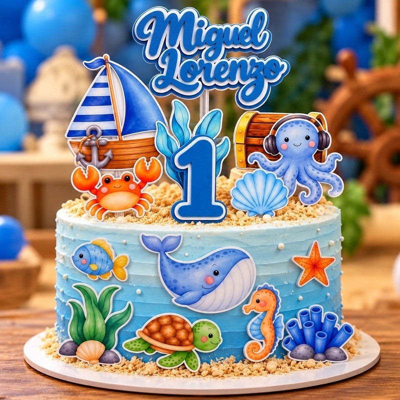 Topo de Bolo Tema Oceano 3D em camadas ou Simples Infantil | Decoração Fundo do Mar Personalizada