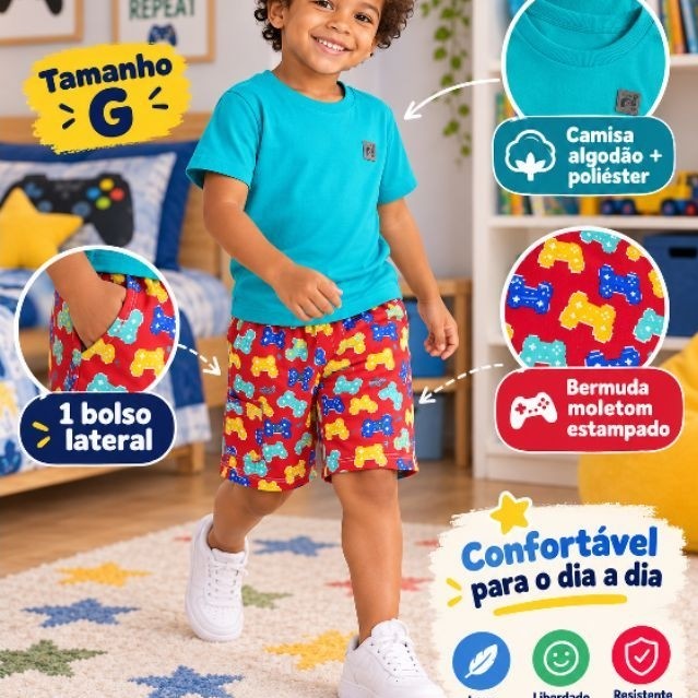 Conjunto Infantil Masculino Camisa Bermuda Estampada Moletom / Conjunto Kids Infantil Menino