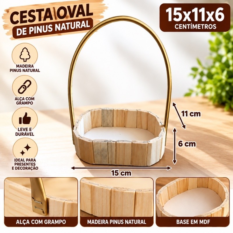 Kit C/30 Cestas Madeira Oval Alça Premium Presente 15x11cm