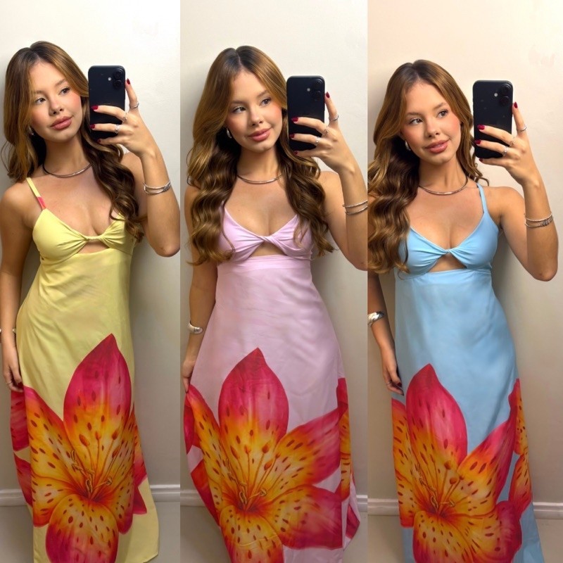 Vestido Longo Feminino Estampado Floral Tropical com Decote Vazado