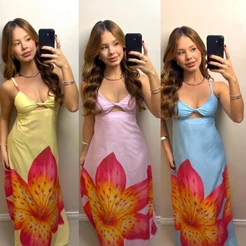 Vestido Longo Feminino Estampado Floral Tropical com Decote Vazado