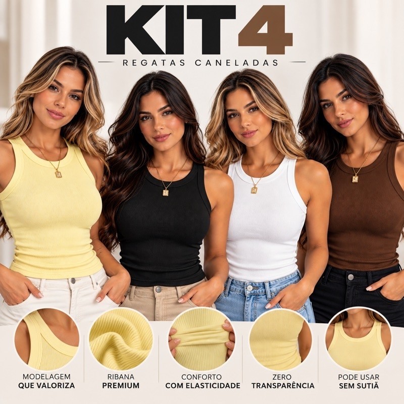 Kit 4 Blusa Regata Feminina Canelada Algodão Premium Confortável Ideal Academia Dia a Dia lisa Básica Casual