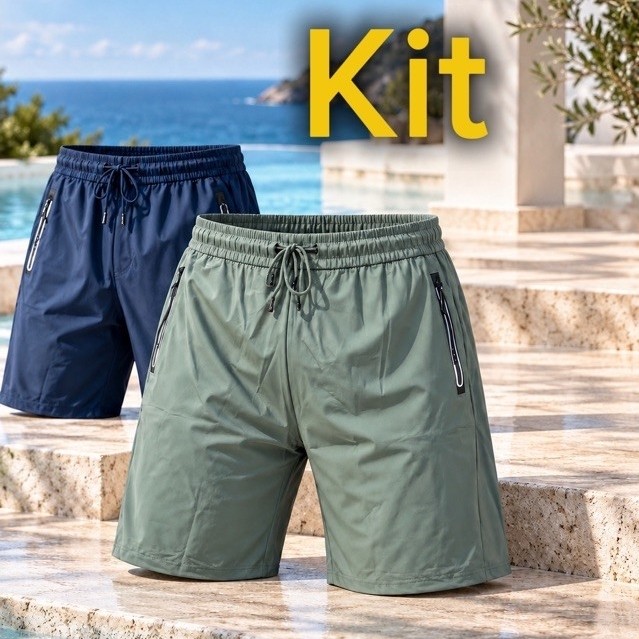 Kit 2 Bermudas Masculinas Esportivas em Poliamida com Elastano – Shorts Leves com Bolso de Zíper para Academia