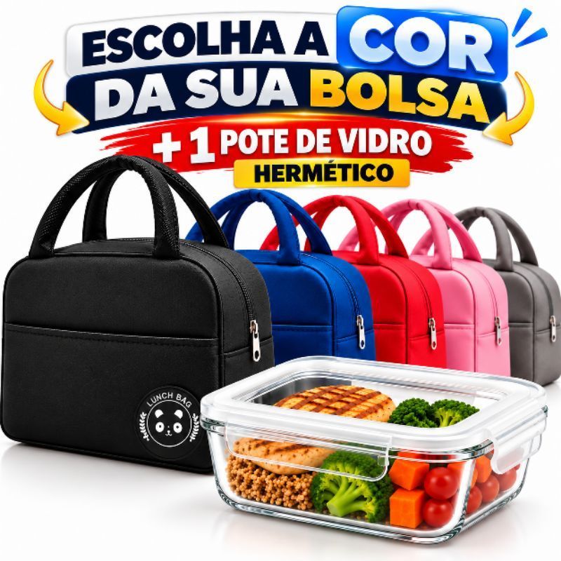 Kit Bolsa Térmica e Pote de Vidro Hermético Para Marmita / Lancheira Fitness /Academia /Trabalho Escola