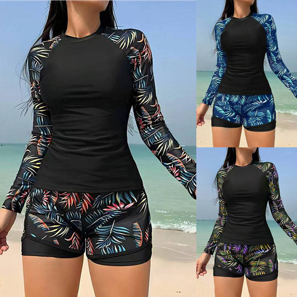 Conjunto de Maiô Feminino com Estampa de Folhas, Top de Gola Redonda com Manga Longa e Shorts de Cintura Alta, Perfeito