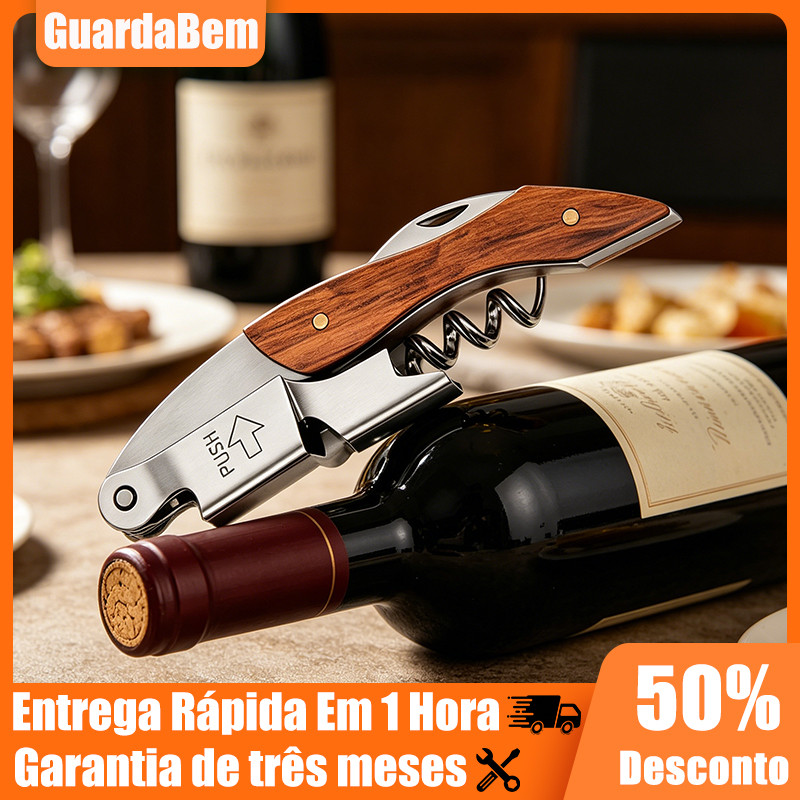 Abridor De Garrafas Profissional Premium De Aço Inoxidável Com Alça De Madeira Multifuncional