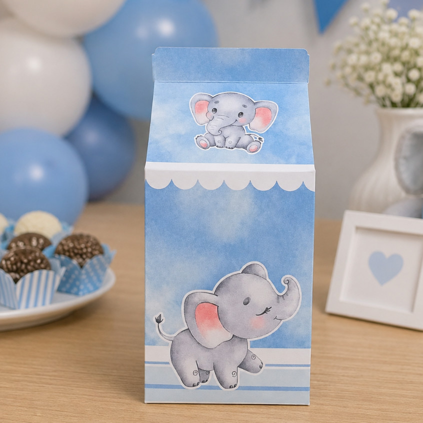 Caixinha Milk Elefantinho Azul Personalizada | Chá de Bebê | Lembrancinha para Festa