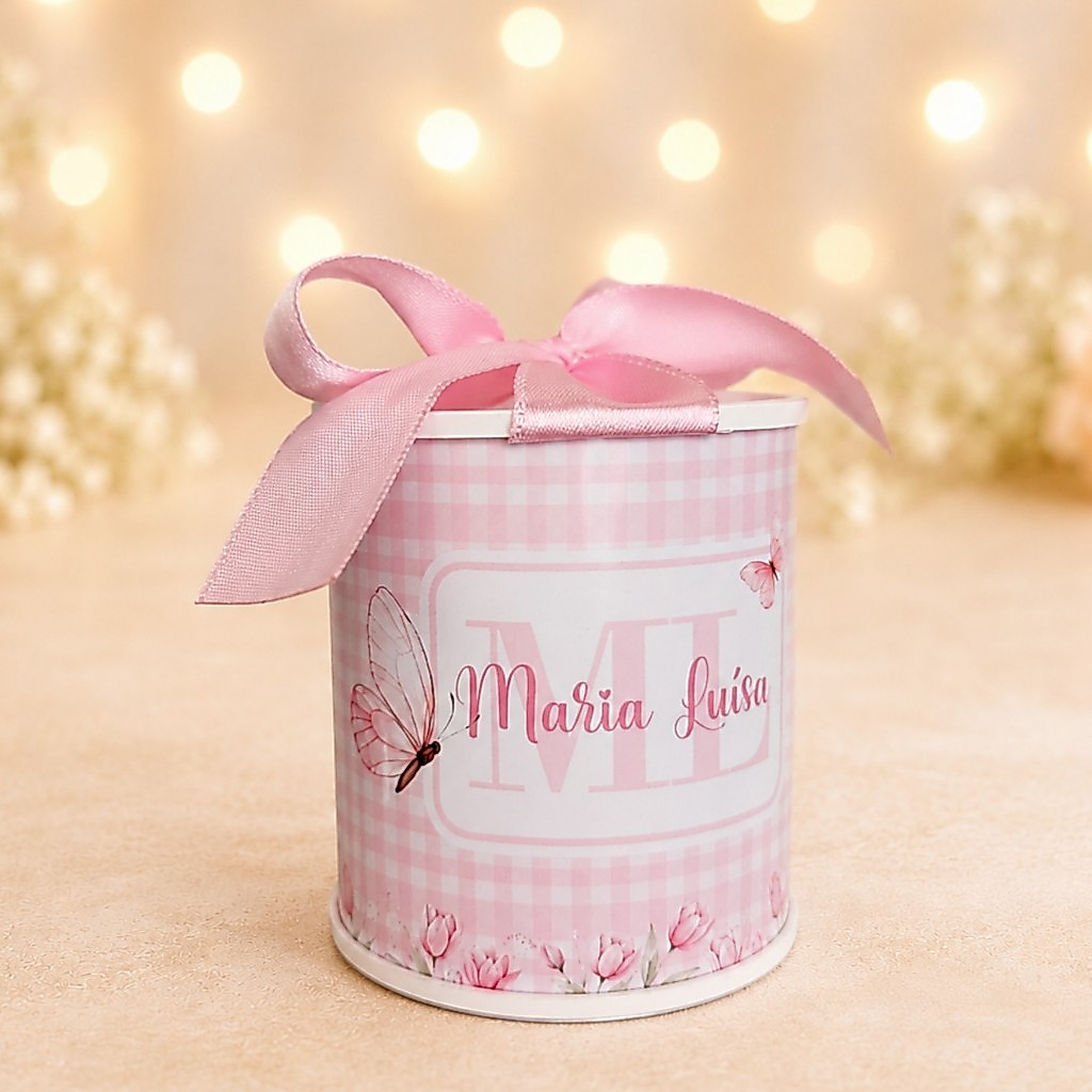 Kit Tubolata Personalizada 6x7cm com Laço | Jardim Encantado Borboletas | Lembrancinha Infantil e Maternidade Nome