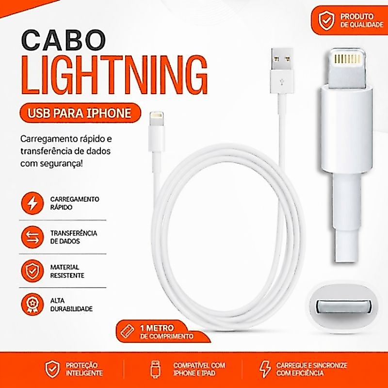Cabo Lightning para iPhone 1 Metro USB Carregamento Rápido Carregador Cabo de Dados Compatível iPhone iPad