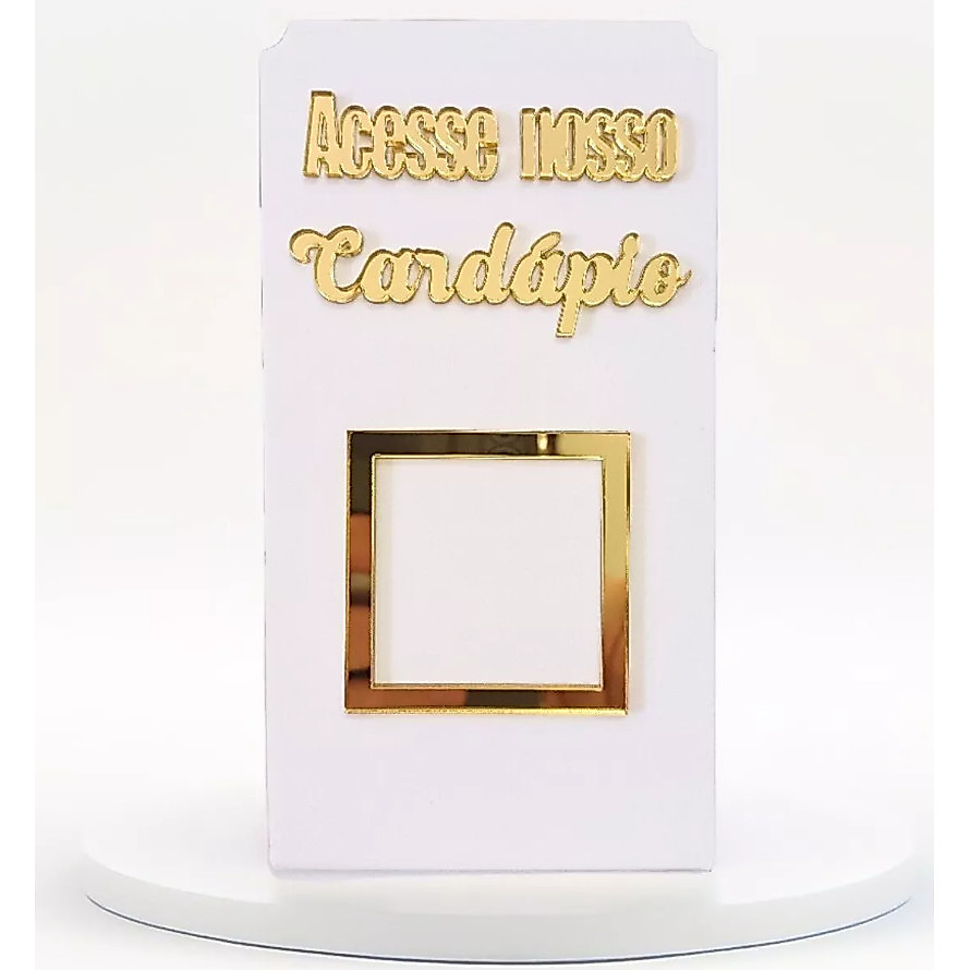 Placa Qr Code Cardápio Digital Online Display Acrílico Branco e Dourado