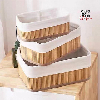 Kit com 3 Cestos de Bambu Organizador Multiuso Cesta Organizadora Revestida em Tecido Forro em Renda Decoração