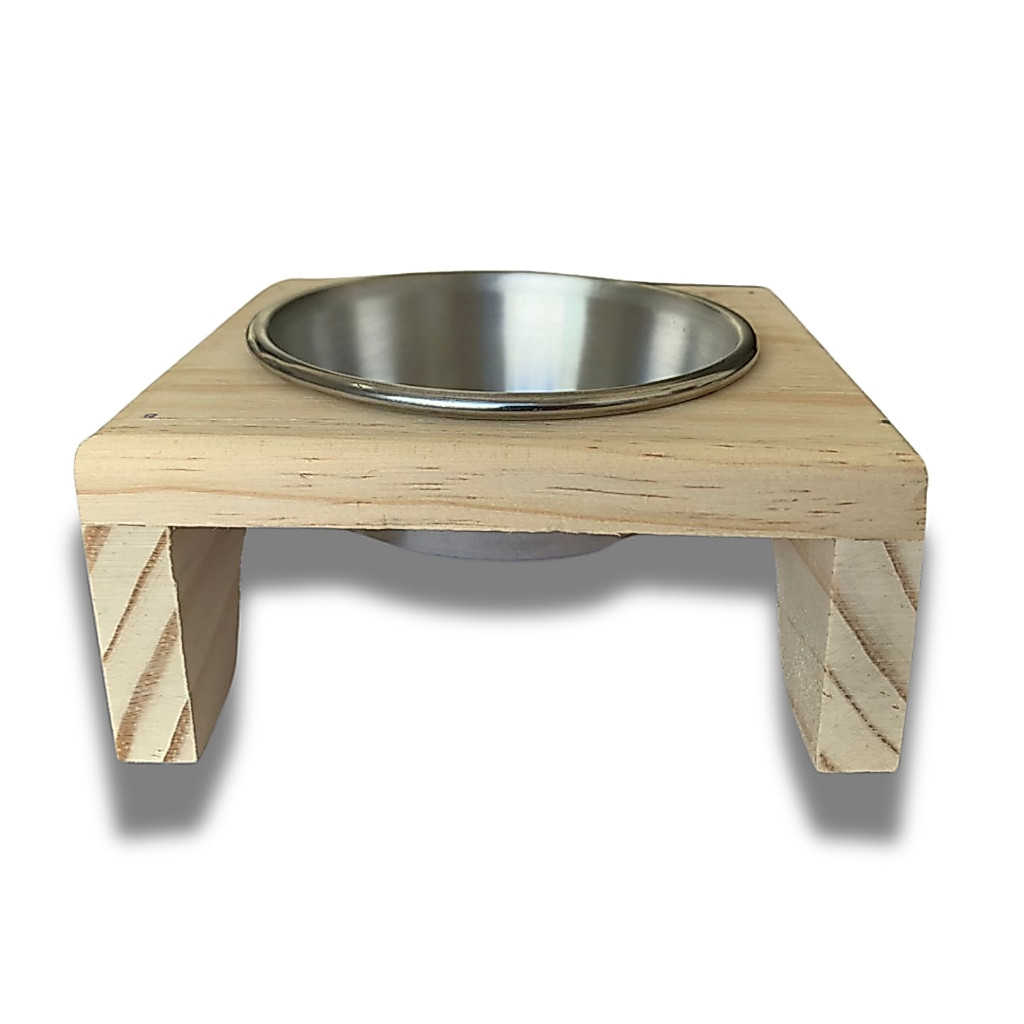 Comedouro ou Bebedouro Pets Individual 14x6cm Madeira Pinus Pote Aluminio