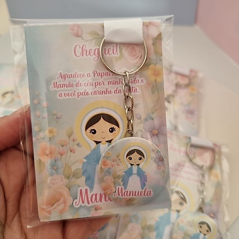 kit Lembrancinha Maternidade Nossa Senhora das Graças Mãezinha do Céu Bloquinhos + Chaveiros Personalizados Nome Bebê