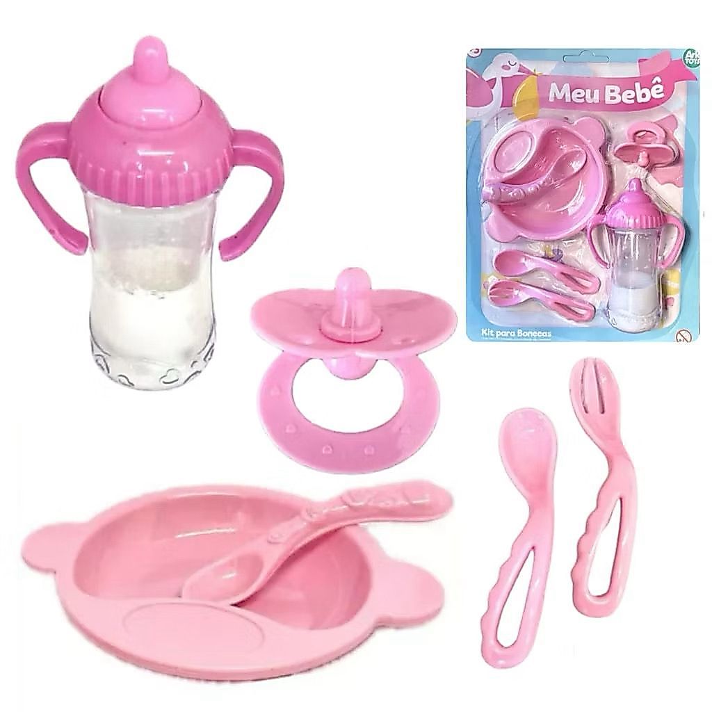 Kit para Boneca 06 Peças 01 Mamadeira Mágica + 1 prato + 3 talheres + 1 Chupeta - Ark Toys