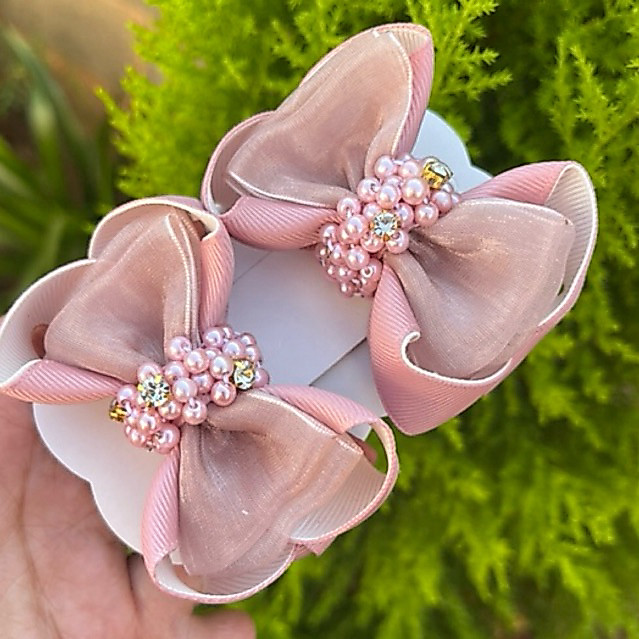 Par de laço para cabelo infantil luxo pérolas