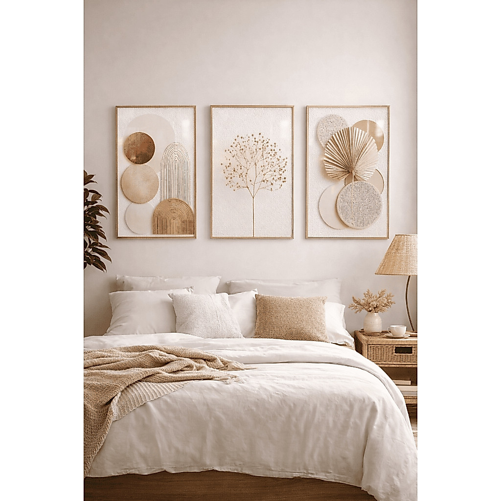 Kit 3 Quadros Decorativos Abstratos Geométricos Boho Neutro Carvalho