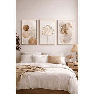 Kit 3 Quadros Decorativos Abstratos Geométricos Boho Neutro Carvalho