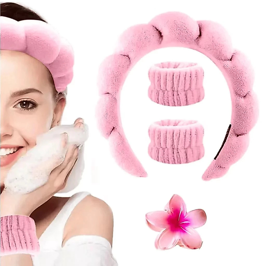 KIT 4 PCS Acessórios de Skincare Spa Feminino - Presilha de Flor Tiara Nuvem  Faixa de Pulso