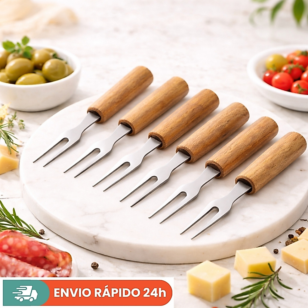 Kit Garfos Aperitivo Inox com Cabo de Madeira – Petisco / Fondue / Tábua de frios