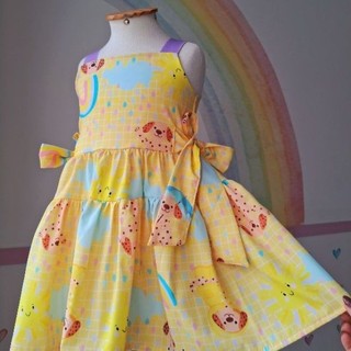 Vestido Amarelo Infantil Menina Cachorrinho Laço Elástico