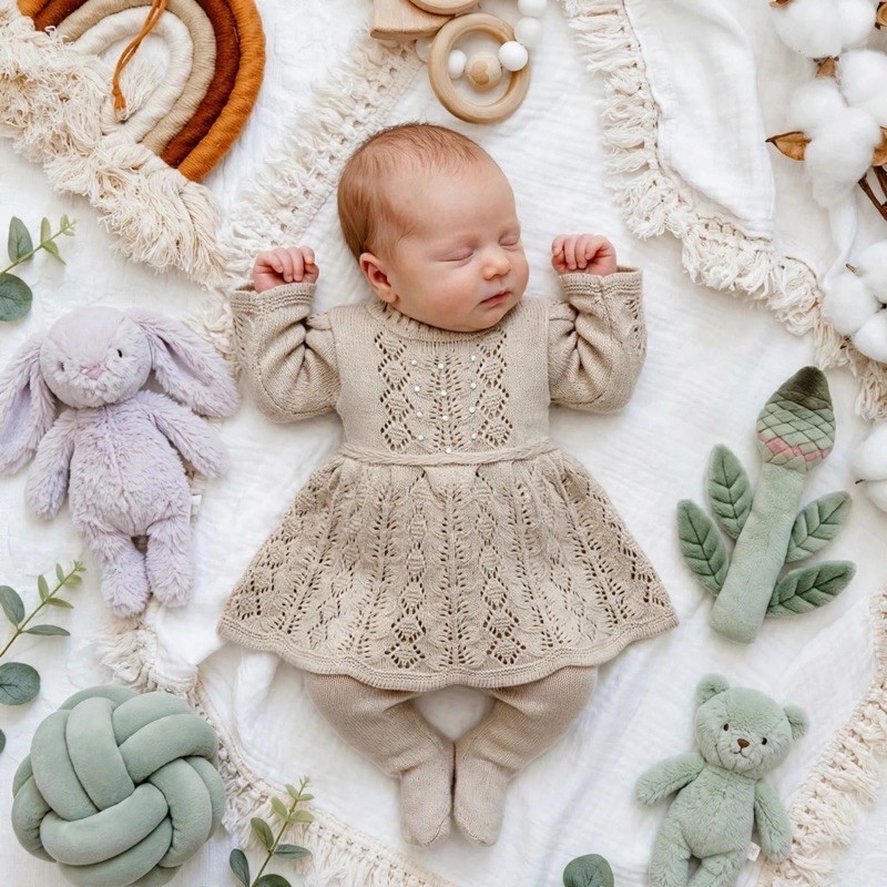 Conjunto saída de maternidade Vestido com Trança Flutuante Bordado em Pérolas com calça, Menina Bebê Recém Nascido RN