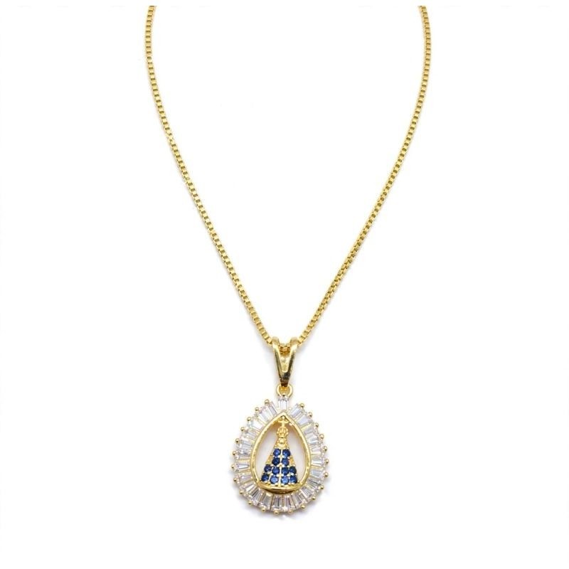 COLAR Nossa Senhora Aparecida GOTA AZUL LUXO Folheado Ouro 18k e Prata 925 - Fé Proteção Zircônia Cristal