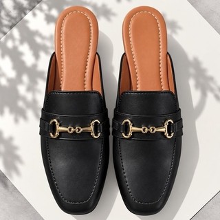 Mule sapato feminino quadrado  Muller corrente mocassim detalhe abs dourado  elegância tendencia