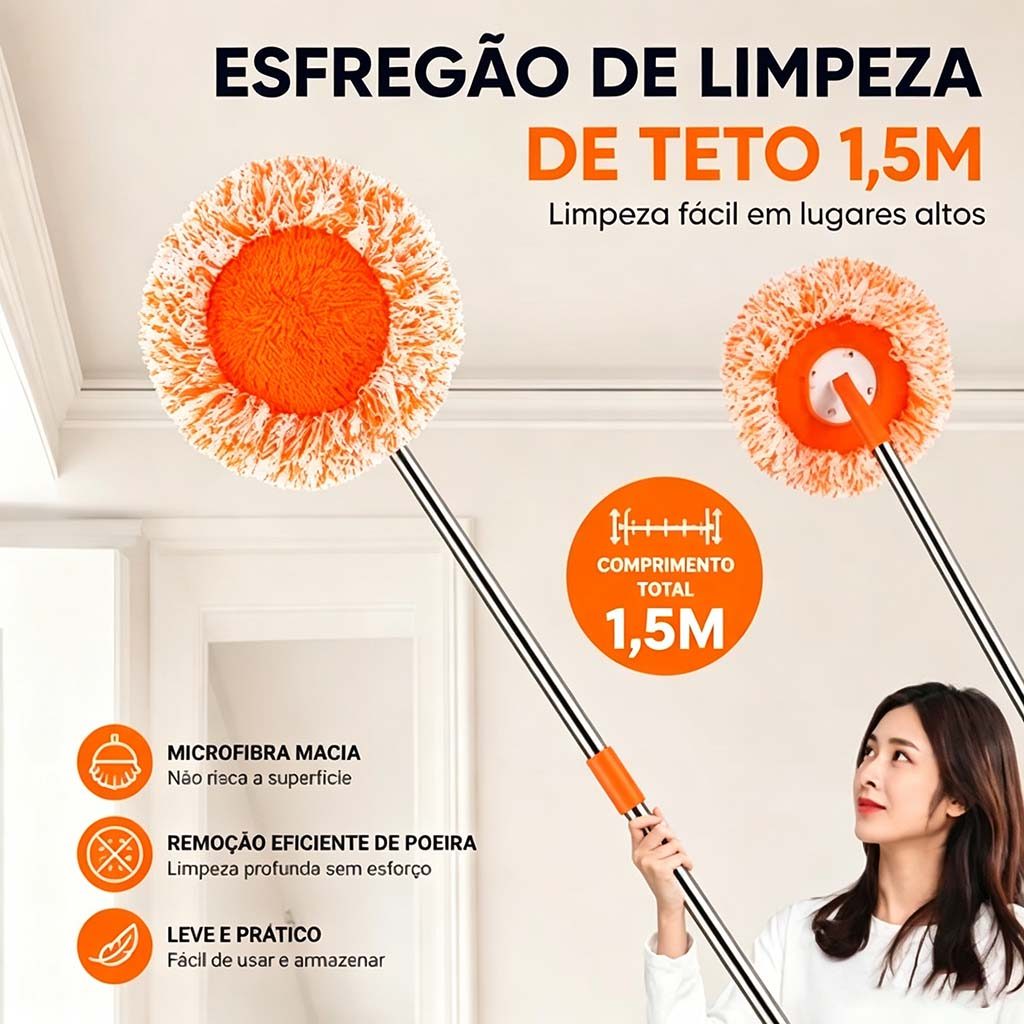 Mop Giratório 360° com Cabo 1,5m Multifuncional para Limpeza de Piso, Teto e Parede Limpeza Seca e Úmida