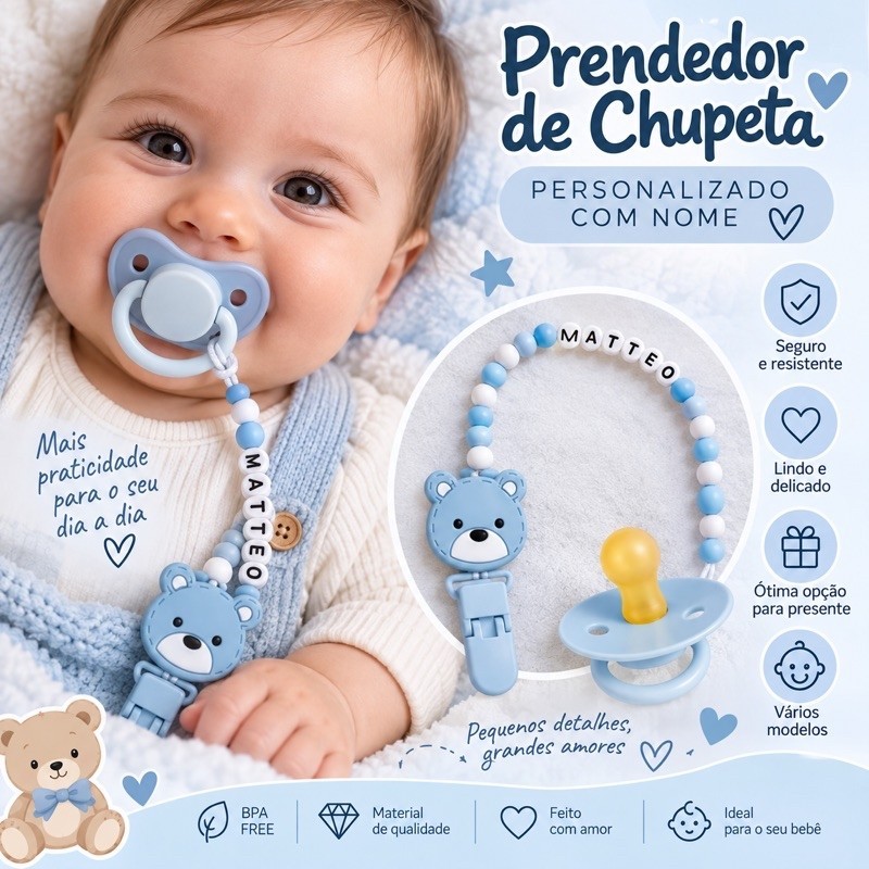 Prendedor de chupeta (bico)personalizado menina menino
