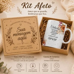 KIt Caneca/Xícara de Cerâmica 325ml Tema Crisma + Caixa MDF Gravada Laser c/ Palha e Laço