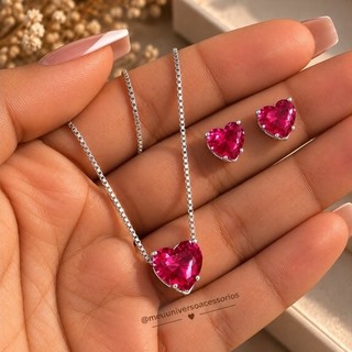 Conjunto colar coração prata brincos presente aniversário feminino menina cristal acessorios