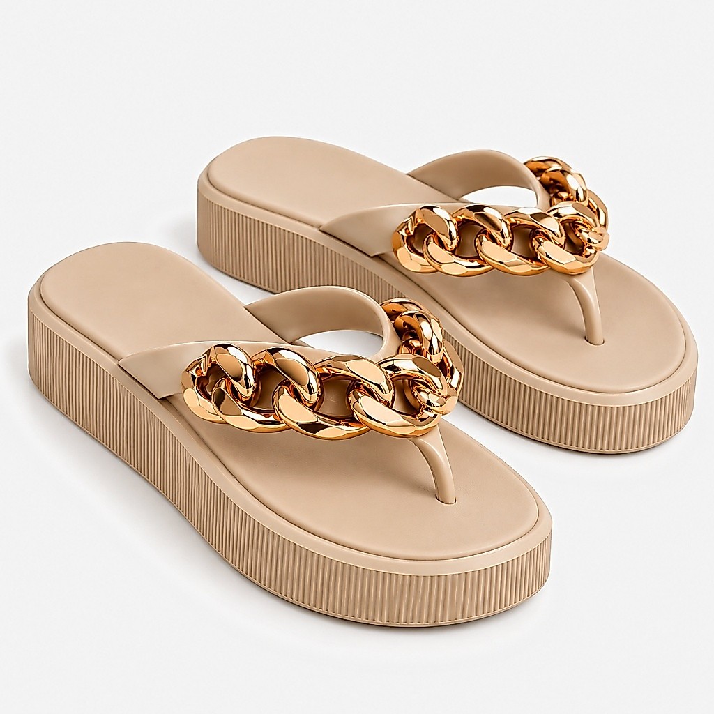 Chinelo Plataforma Feminino Capri Flatform EVA com Corrente Dourada Chinelo de Dedo Leve Confortável Casual