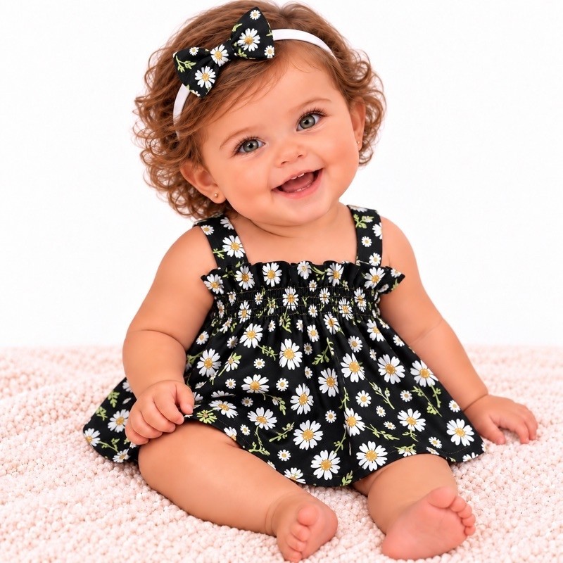 Vestido Bebe Tricoline 100% Algodão + Faixa de Cabelo (0- 9 meses) Várias Cores