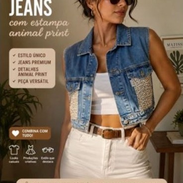 Colete Jeans Cropped Feminino Animal Print