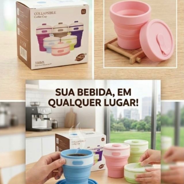 Copo Retrátil de Silicone 350ml Portátil Ecológico Reutilizável Com Tampa Café Suco Água