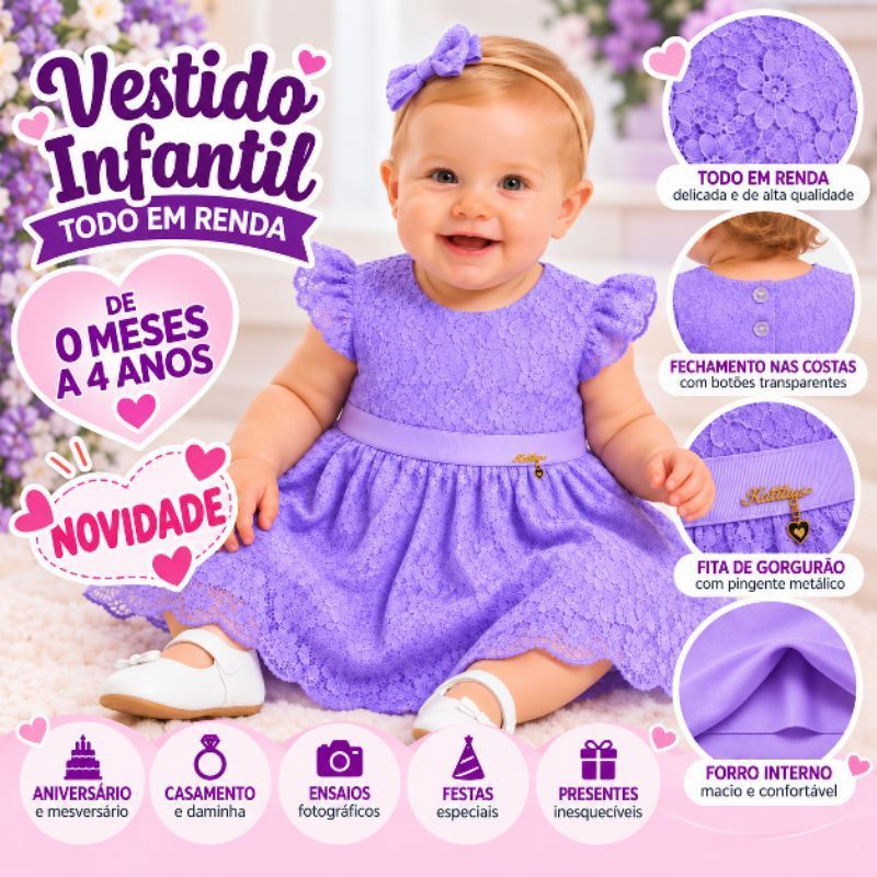 Vestido Infantil Lilás em Renda Bebê Menina Festa Aniversário Casamento Daminha Mesversário Lavanda 0 à 4 Anos
