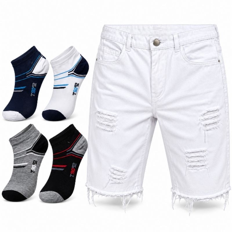 Kit Masculino Bermuda Jeans + 3 Pares de Meia Masculina | Bermuda Jeans Rasgada Confortável + Meias Masculinas
