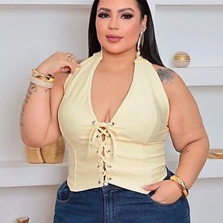 ​Cropped  Frente Única Plus Size Trançado​ Blusinha feminina Com Ilhós E Amarração Estilo Corpete