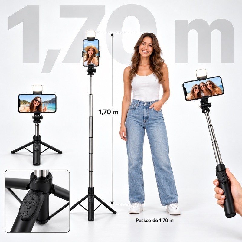 Tripé Celular Retrátil 1.70m Regulável Alumínio Profissional Suporte Bastão de Selfie