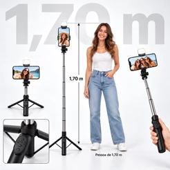 Tripé Celular Retrátil 1.70m Regulável Alumínio Profissional Suporte Bastão de Selfie