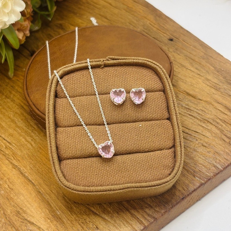 Conjunto Coração Rosa-Claro em Prata 925 – Delicadeza em Tom Rosado — imagem 2 de 2