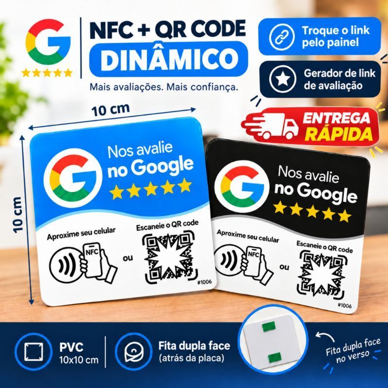 Kit 5 Placas Avaliação Google | NFC + QR Code | 10cmx10cm