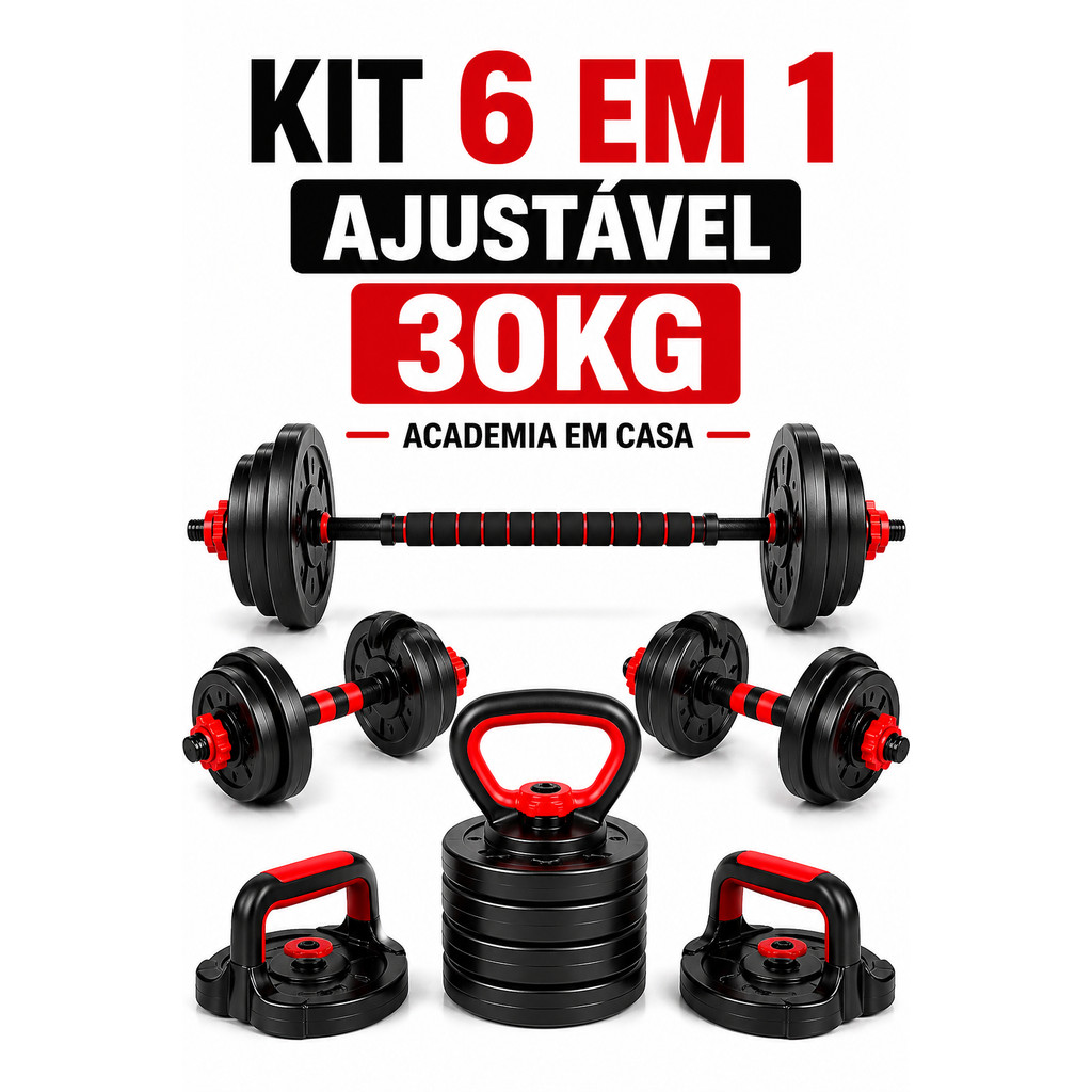 Kit 6 em 1 Barra Musculação Anilha Halter Kettlebell 30 Kg Academia Ajustável "Envio Rapido"