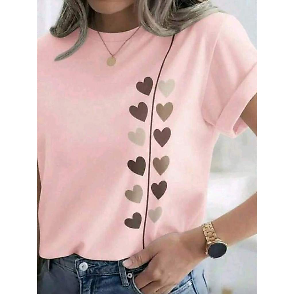 Camisa feminina delicada estampada coração 100% algodão Camiseta moda verão todas ocasiões tecido leve confortável
