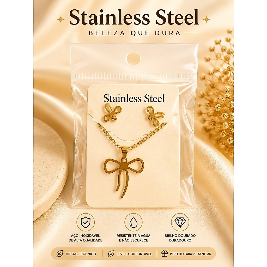 Conjunto Colar e Brincos Lacinho Dourado Feminino Aço Inoxidável Antialérgico